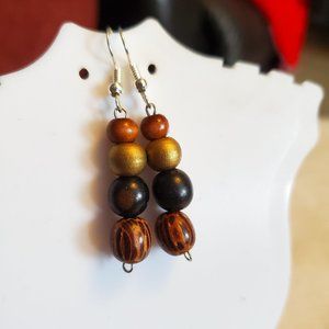Silver Tone Hook Wood and Seed Dangle Earrings Tony Alexander Jewelry Artisan